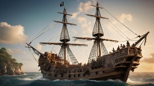 海を航行する茶色い海賊船 / パイレーツのフリー素材・写真・画像