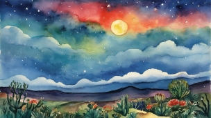 サボテンと青・赤のグラデーションの空と満月 / イラストのフリー素材・写真・画像
