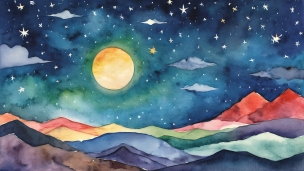 カラフルな山脈と黄色い満月と青い星空 / イラスト / 綺麗のフリー素材・写真・画像