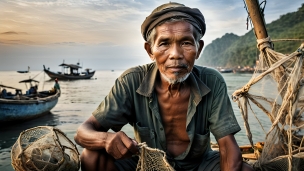 網を使って漁をする肌の黒いカンボジアの男性のフリー素材・写真・画像
