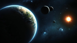 地球と大小の惑星と赤く光る太陽のフリー素材・写真・画像