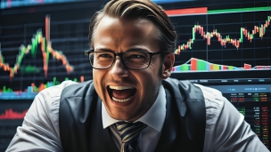 株価上昇で歓喜する外国人トレーダー / 黒いメガネのフリー素材・写真・画像