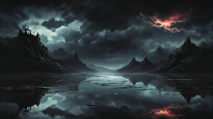 漆黒の湖と山脈と空と赤く光る雷鳴のフリー素材・写真・画像