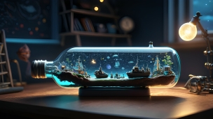ライトに照らされた木の机の上にある船が入ったオシャレなボトルのフリー素材・写真・画像