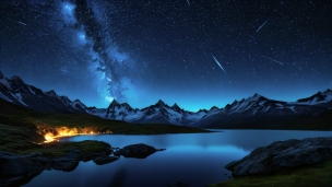 雪山に囲まれた冬の湖と銀河 / 絶景のフリー素材・写真・画像