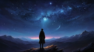 高所から青い星空と荒野を見つめるロングコートを着た男性の後ろ姿のフリー素材・写真・画像