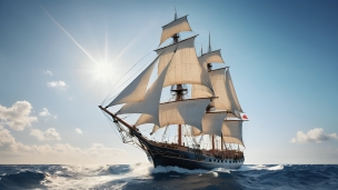 晴れた日の海を航行する黒い帆船のフリー素材・写真・画像