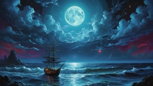 青い満月の下、海を航行する茶色の帆船のフリー素材・写真・画像