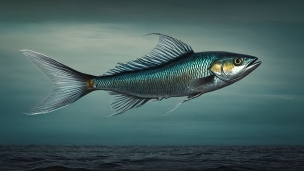 空飛ぶ青い鱗の魚のフリー素材・写真・画像