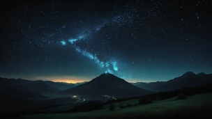 緑の丘陵地帯と暗い山と銀河のフリー素材・写真・画像
