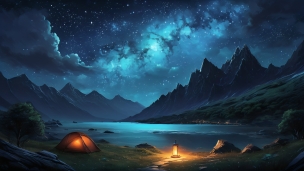 山に囲まれた湖 / キャンプ場 / 青い星空のフリー素材・写真・画像