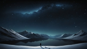 雪山に囲まれた暗い湖の前に立つ男 / 綺麗な星空のフリー素材・写真・画像