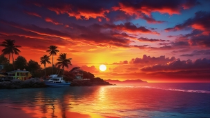 夕陽に染まる空と海 / 停泊する船 / 椰子の木 / 南国のフリー素材・写真・画像