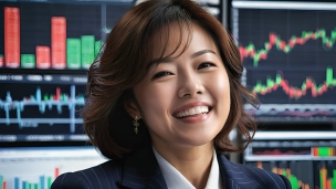 笑顔の紺のスーツを着た女性トレーダー / 証券 / 株式のフリー素材・写真・画像