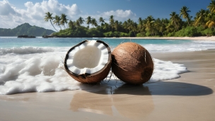 押し寄せる波とココナッツ / 南国 / 海 / 椰子の木のフリー素材・写真・画像
