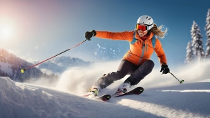 雪の上を滑走するオレンジのスキーウェアを着た女性 / スキーストックのフリー素材・写真・画像