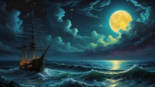 黄色い満月と荒れた海を航行する帆船のフリー素材・写真・画像