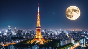 大きな満月と赤く光る東京タワーのフリー素材・写真・画像