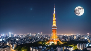 満月と夜の東京タワー / 東京 / 綺麗 / 日本のフリー素材・写真・画像