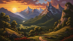緑が豊富な丘と雪山と夕陽のフリー素材・写真・画像