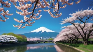 富士山と桜と橋と川 / 絶景のフリー素材・写真・画像