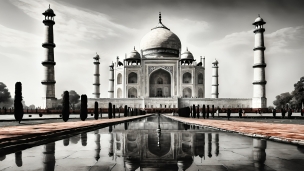 水面に反射するタージ・マハル / アーグラ / インド / 総大理石の墓廟のフリー素材・写真・画像