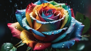 雨にうたれる綺麗なレインボーローズのフリー素材・写真・画像