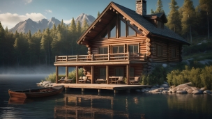 湖畔の山小屋 / 木のボート / 大自然のフリー素材・写真・画像