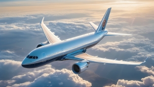 上空をフライトする青と白のカラーリングの飛行機のフリー素材・写真・画像