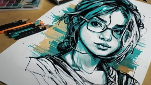 眼鏡をかけた女性のスケッチ / 色鉛筆 / 絵具のフリー素材・写真・画像