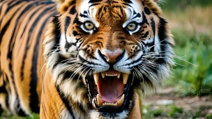威嚇する虎 / 迫力ある顔のフリー素材・写真・画像