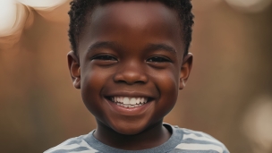 ボーダーの服を着た笑う可愛い黒人の男の子のフリー素材・写真・画像