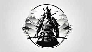 剣を持ち目をつぶる侍のロゴ / モノクロのフリー素材・写真・画像