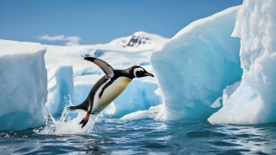 海に飛び込む1羽のペンギンのフリー素材・写真・画像