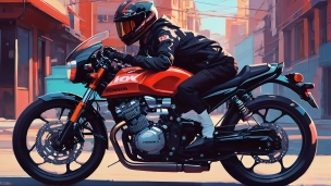 赤と黒のバイクに乗るレーサーのフリー素材・写真・画像