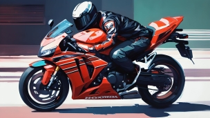 赤いバイクに乗るレーサーのフリー素材・写真・画像