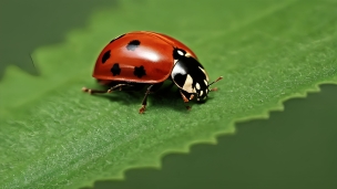 ギザギザの葉にとまる赤いてんとう虫のフリー素材・写真・画像