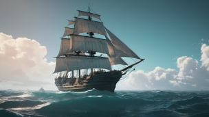 晴れた日の海を航行する帆船のフリー素材・写真・画像