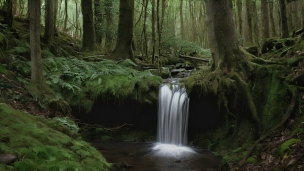 深い森の中の小さな滝 / 池のフリー素材・写真・画像