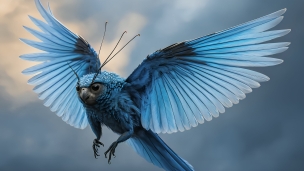 飛来する触角がある青い鳥のフリー素材・写真・画像