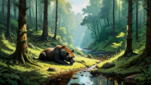 森の中の川辺に伏せる熊のような生き物のフリー素材・写真・画像