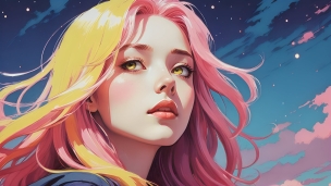 夜景とピンク・黄色の髪色の綺麗な女性のフリー素材・写真・画像