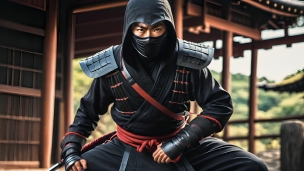 中腰の黒づくめの忍者のフリー素材・写真・画像