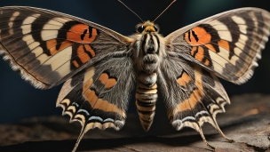 茶色とオレンジの翼を広げた蛾のフリー素材・写真・画像