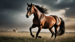 草原を走る茶色のサラブレッド / 曇り空のフリー素材・写真・画像