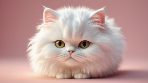 伏せをする白い毛でモコモコの可愛い猫のフリー素材・写真・画像