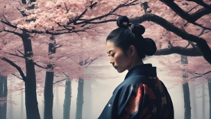 満開の桜と俯く着物を着た女性のフリー素材・写真・画像