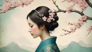 薄いピンクの桜と花柄模様の水色の着物を着た日本人女性のフリー素材・写真・画像