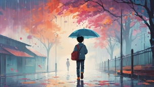 紅葉と水色の傘をさす赤いリュックを背負った男性 / 雨の降る街のフリー素材・写真・画像