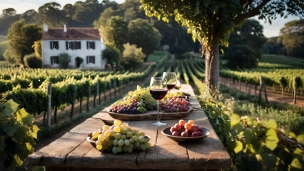 紫・緑の葡萄と赤ワイン / 葡萄畑 / イタリアのフリー素材・写真・画像